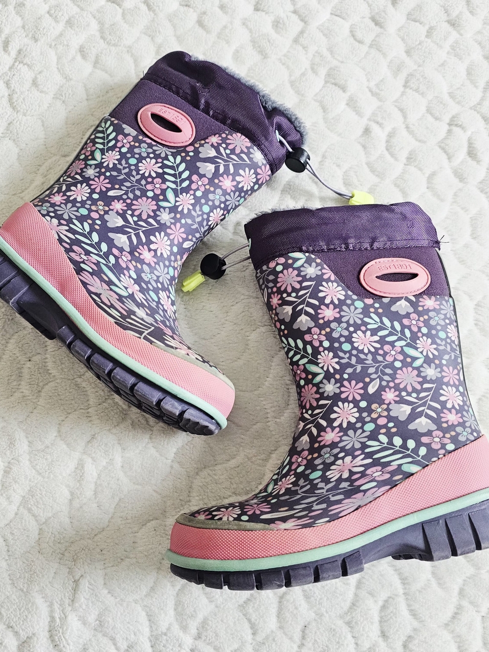 Western Chief Girls Kids Purple Floral Cold Weather Boots with Pink Trim 9/10